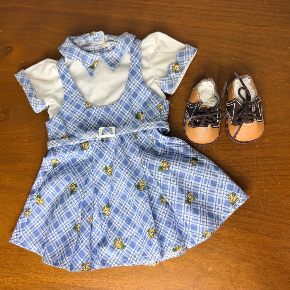 American Girl Kit Kittredge School Dress & Shoes Blue Plaid Floral Set EUC - Picture 2 of 6